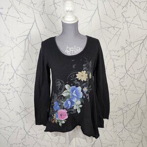CO2 Paris Black Floral Print Round Neck Peplum Tiered Flowy Tunic